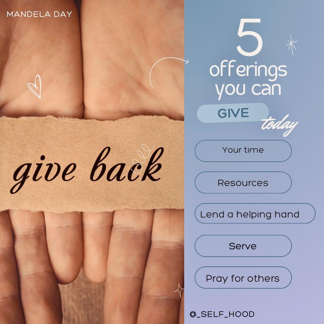 On this Mandela Day, we’re reminded that giving back isn’t a once-off, it’s a way of life. ❤️

From your time to your prayers, these 5 offerings may seem small, but they carry big impact.

#mandelaDay #GiveBackDaily #selfhood #TrendingNow #viral #viralvideo #fyp