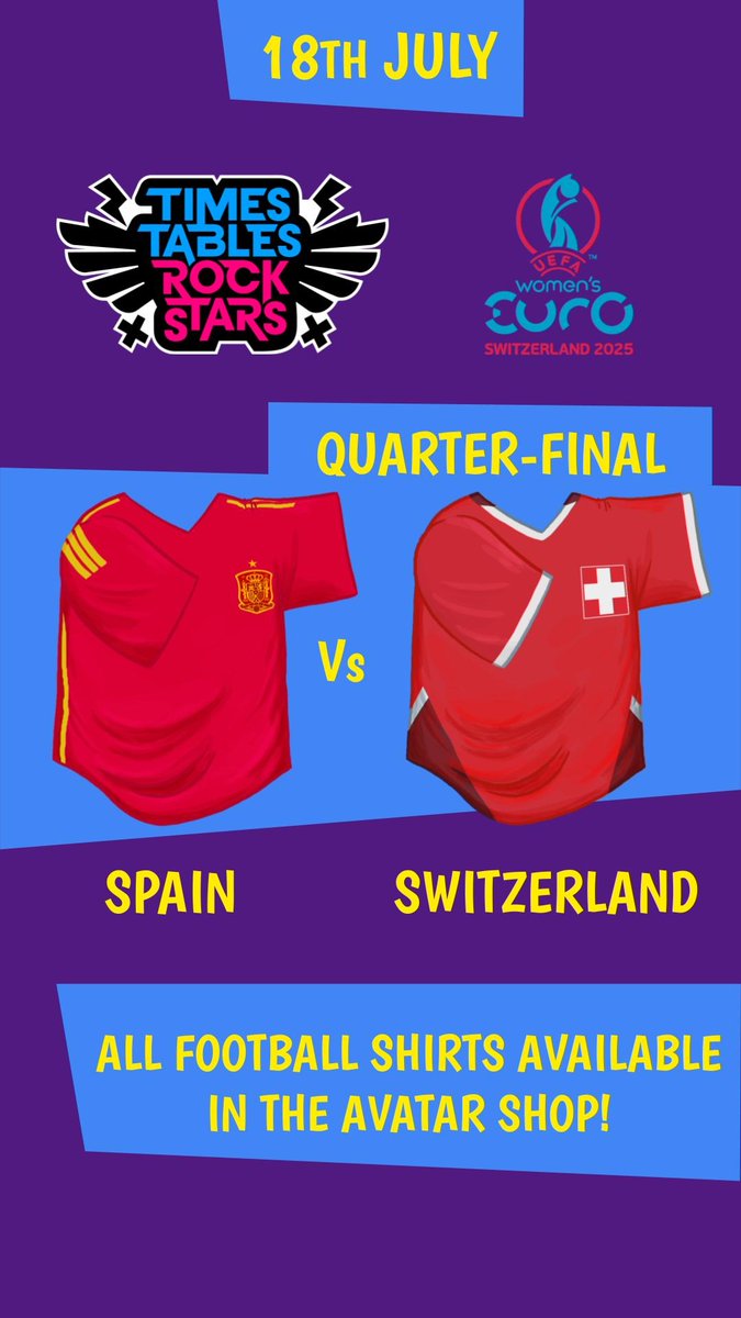 TTRockStars's tweet image. Our next quarter-final of @WEURO2025 ⚽️....
Spain🇪🇸 vs Switzerland🇨🇭
Can the hosts pull off an upset?
Get your class involved! We've added football shirts for each team in the Euros to our Avatar Shop. 👕🛒
#WomensEuros #WEURO2025