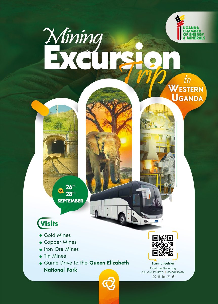 UgandaChamber's tweet image. ✨ Explore Uganda’s Hidden Treasures!🎉
Join us for the Mining Excursion Trip to 📢WESTERN UGANDA 

🗓️26th–28th September 2025 
a unique blend of industrial insight and wild adventure!

Visit:
🔸 Gold, Copper, Iron Ore &amp;amp; Tin Mines
🦁 Plus, an #unforgettable experience and…