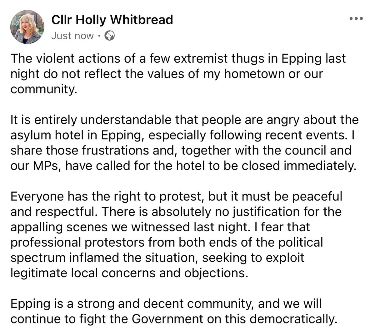 HollyLWhitbread's tweet image. Last nights protests did not reflect the values of our community in Epping. The District Council warned the Home Office of our fears and they have continually ignored us.