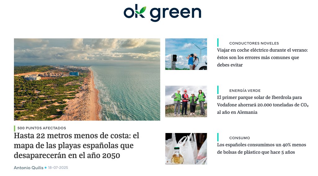 ¡Feliz viernes! La portada de hoy de #OKGREEN.

· Más calor, más sol y playas menguantes
· Consejos vacacionales para conductores de eléctricos noveles
· El primer parque fotovoltaico de Iberdrola y Vodafone
· Consumimos menos bolsas de plástico

➡️  okdiario.com/okgreen/