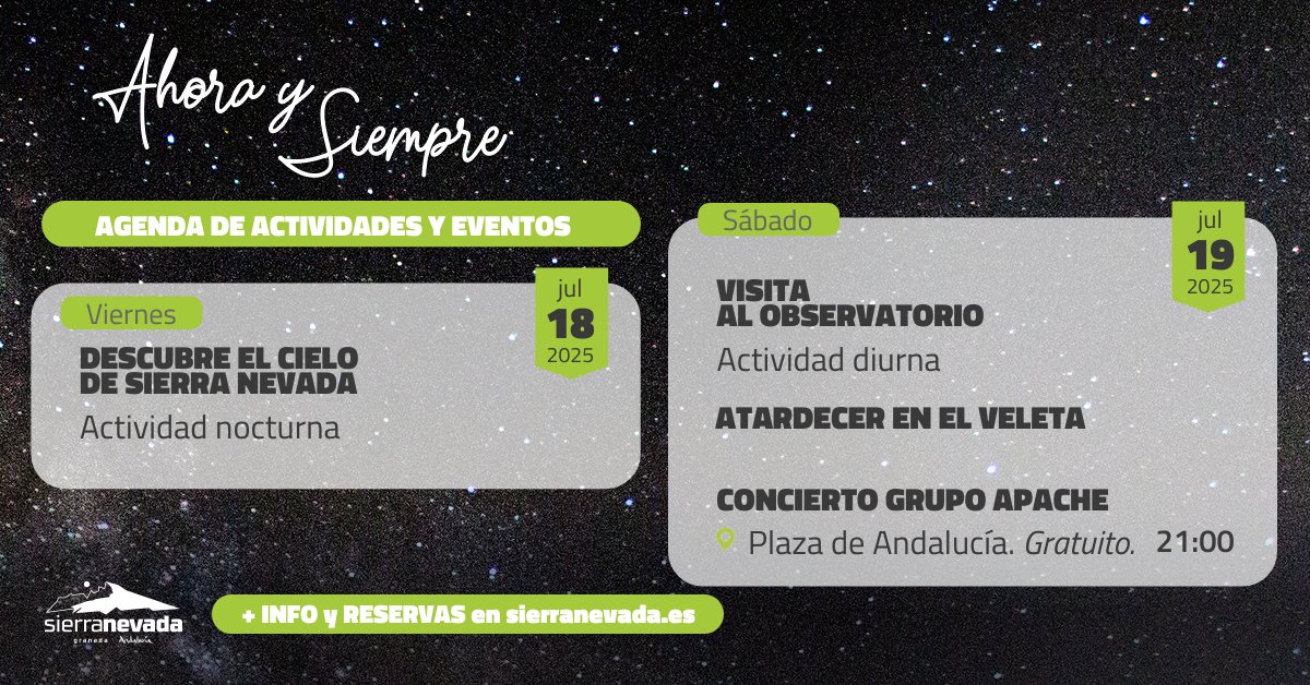 Mañana sábado comienza la temporada #verano en #SierraNevada 
¡No pierdas detalle del programa de actividades! 
▶️Del 19 de julio al 24 de agosto 
ℹ️ sierranevada.es/es/verano/even…
#AhoraySiempre #verano2025 #vacaciones #planesgranada #astronomia #astroturismo