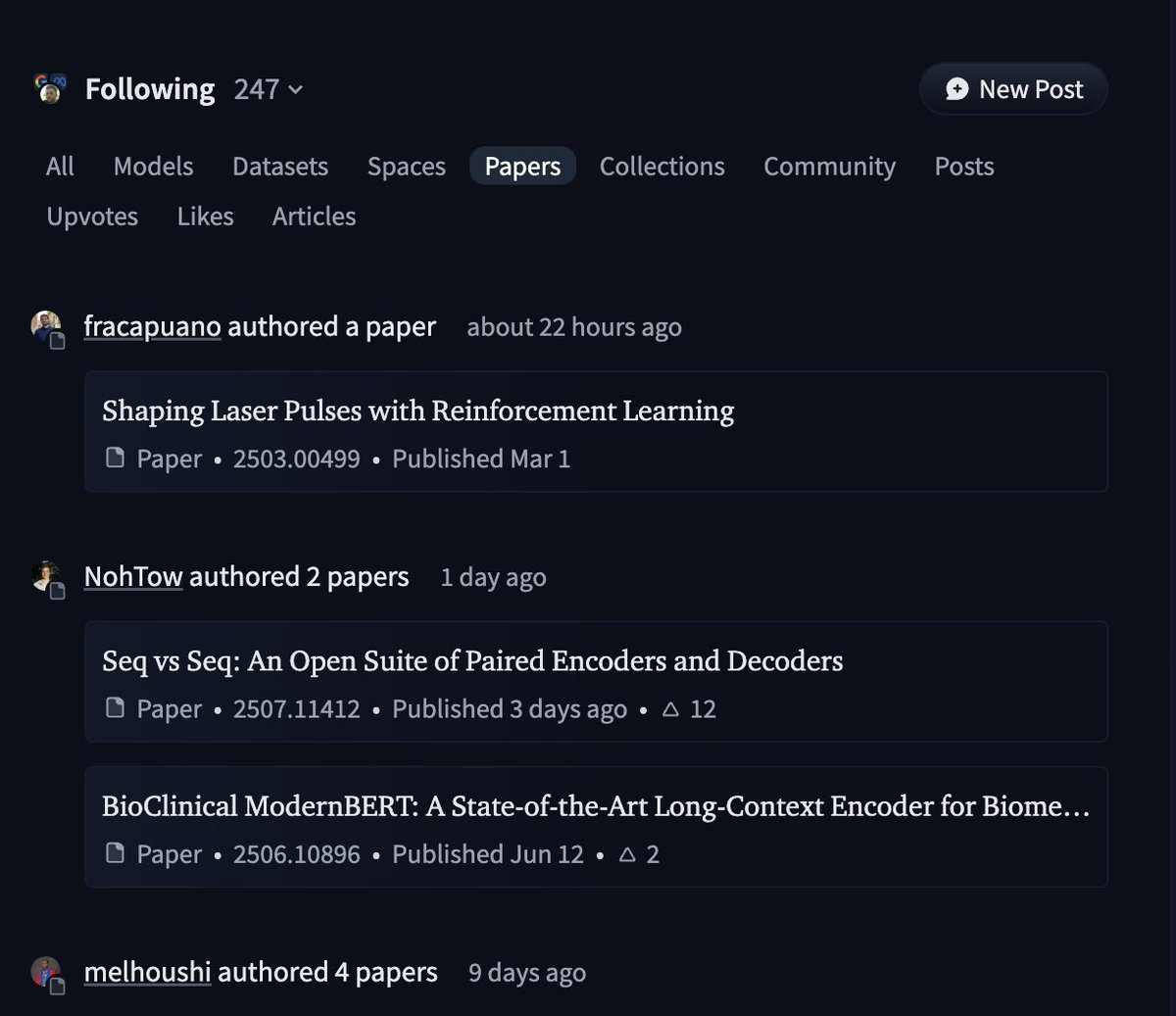 > Follow a researcher on hf.co
> Go to the papers tab on your feed
> Find the most recent paper authored by them
> Read the paper