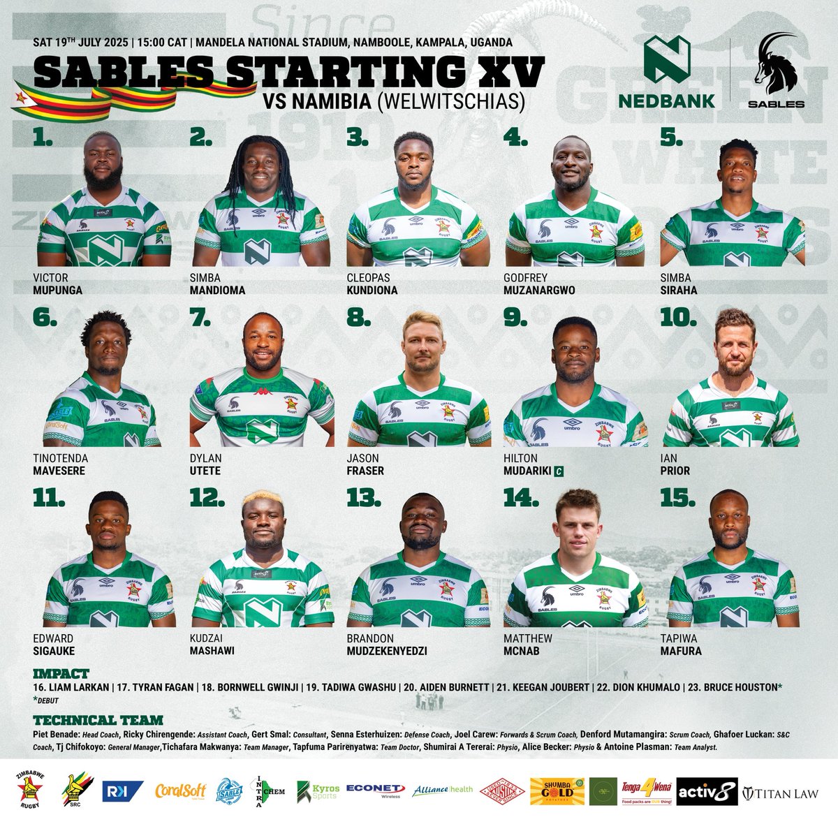 Big day for the Sables tomorrow who play Namibia in the final of the 2025 Rugby Africa Cup, with a place at the 2027 Rugby World Cup in Australia up for grabs. 

Stolid forward pack which will be tested heavily by Namibia.

 Ian Prior's boot will be the X factor for 🇿🇼.