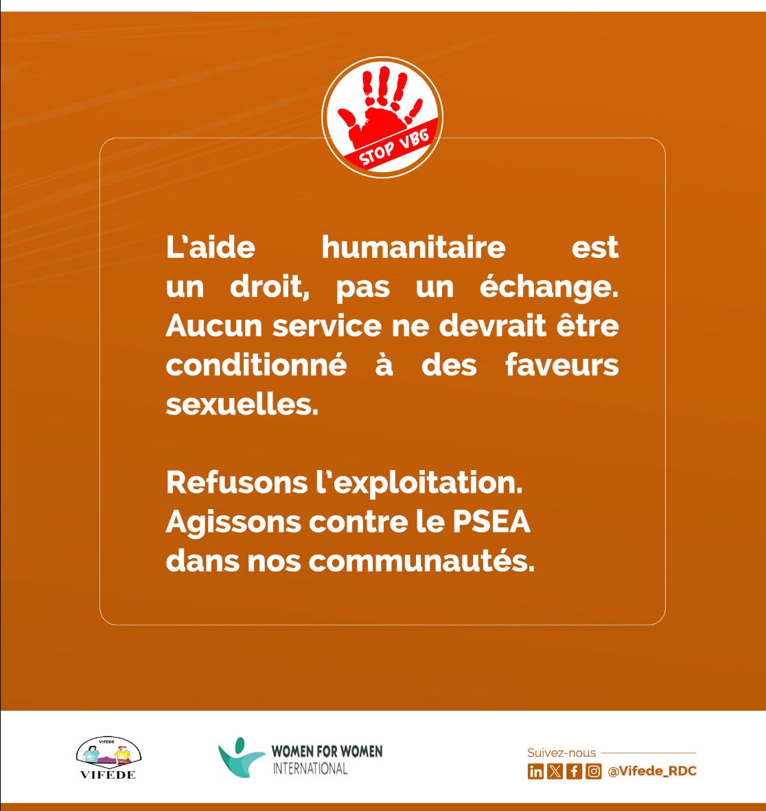 L’aide humanitaire est un droit, pas un échange. Aucun service ne devrait être conditionné à des faveurs sexuelles. Refusons l’exploitation. Agissons contre le PSEA dans nos communautés. 
#StopVBG #VIFEDE #Kirotshe
<a href="/WomenforWomen/">Women for Women Intl</a>