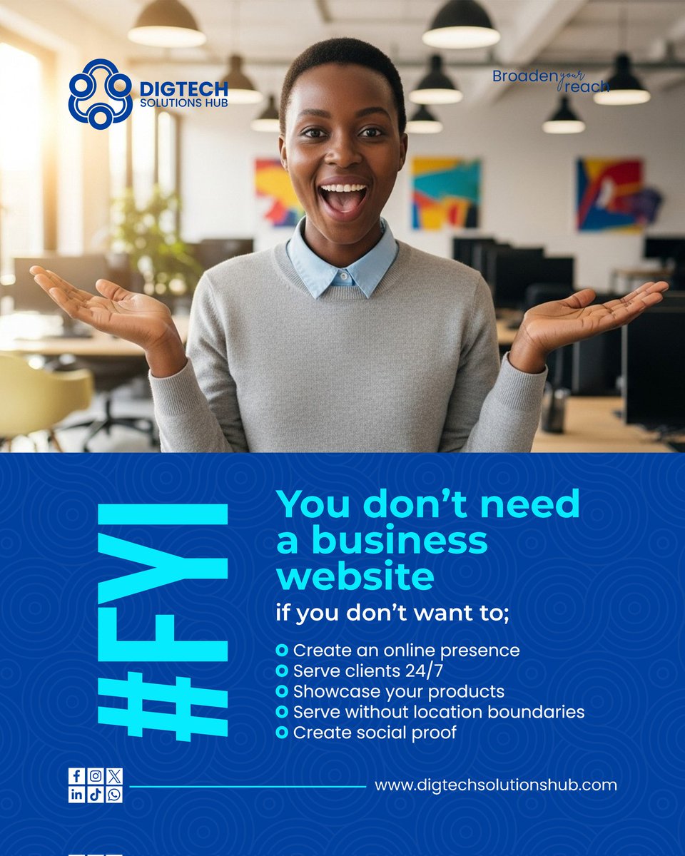 Your business doesn't need a website if you don't want to;

📌 Create an online presence
📌 Serve clients 24/7
📌 Showcase your products
📌 Create social proof
📌 Serve without location boundaries

Contact us to learn more that your business doesn't need