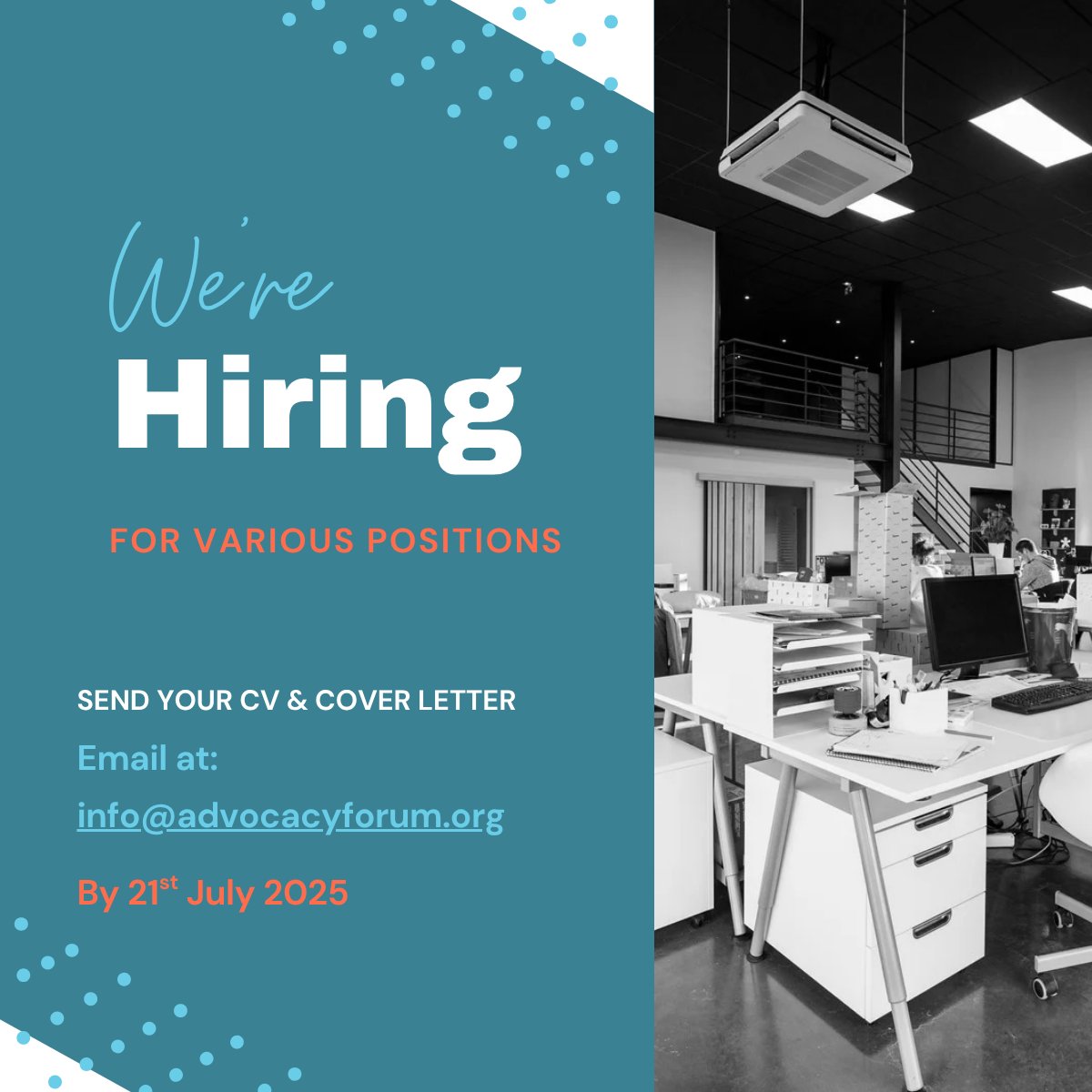 Are you passionate about human rights and social justice? 

We are currently hiring for the following positions:
• Program Coordinator
• Program Officer
• Documentation and Communication Officer

Please visit the following link for more details: lnkd.in/gP5ppHCH