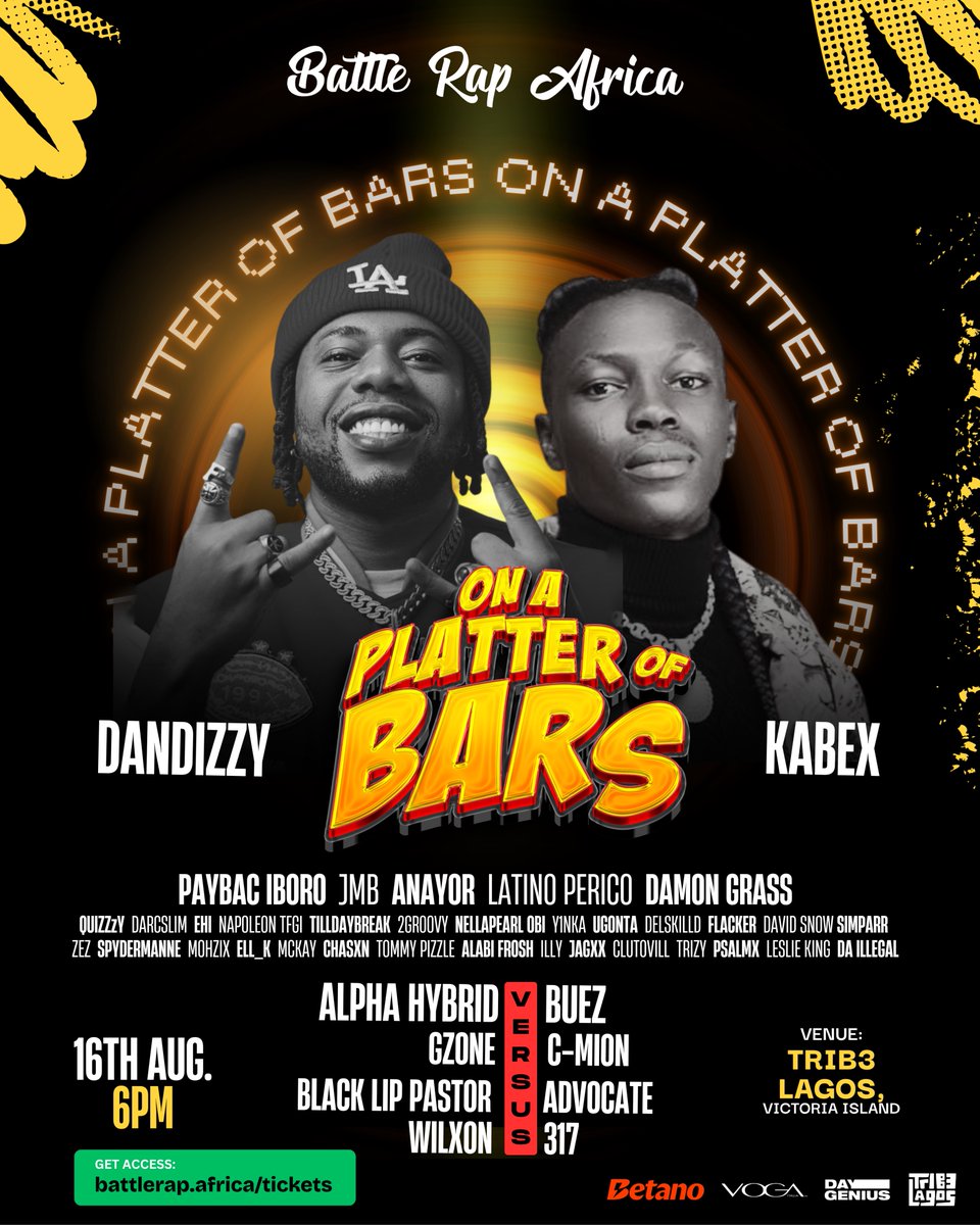 DayGenius__'s tweet image. ON A PLATTER OF BARS 2.0
#OnaPlatterofBars
Going down on the 16th of August.
Time 6PM | Venue: Trib3 Lagos, Victoria Island.
🎟️Tickets: battlerap.africa/tickets