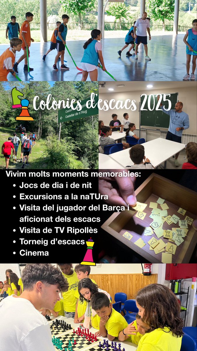 Escoles FEDAC (@escolesfedac) on Twitter photo Aquesta setmana a les Colònies d'#escacs de les #escolesFEDAC a Gombrèn, estem vivint molts moments memorables:
- Jocs de dia i de nit
- Excursions a la naTUra
- Visita de <a href="/QuimJunyent10/">Quim Junyent</a> jugador del Barça i aficionat dels escacs
- Visita de #TVRipollès
- Torneig d'escacs
- Cinema Aquesta setmana a les Colònies d'#escacs de les #escolesFEDAC a Gombrèn, estem vivint molts moments memorables:
- Jocs de dia i de nit
- Excursions a la naTUra
- Visita de <a href="/QuimJunyent10/">Quim Junyent</a> jugador del Barça i aficionat dels escacs
- Visita de #TVRipollès
- Torneig d'escacs
- Cinema