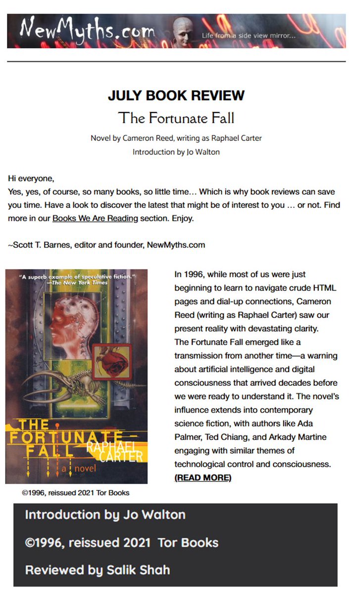 Salik Shah ✨🚀 (@salik) on Twitter photo So grateful that my review of "The Fortunate Fall" by Cameron Reed (Raphael Carter) found a home. This is my first review and second appearance on NewMyths Magazine in many years. A big thank you!🙏
cc: <a href="/torbooks/">Tor Books</a> <a href="/TorDotComPub/">Tordotcom Publishing</a> <a href="/reactormag/">Reactor Magazine</a> So grateful that my review of "The Fortunate Fall" by Cameron Reed (Raphael Carter) found a home. This is my first review and second appearance on NewMyths Magazine in many years. A big thank you!🙏
cc: <a href="/torbooks/">Tor Books</a> <a href="/TorDotComPub/">Tordotcom Publishing</a> <a href="/reactormag/">Reactor Magazine</a>
