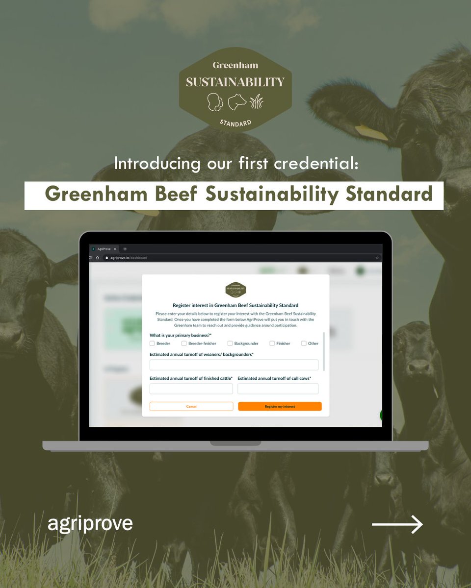 🚨 New feature alert!
AgriProve Credentials is now live, starting with the Greenham Sustainable Beef Standard 🥩🌱

Get paid for your farms sustainaility.

Generate and share verified sustainability credentials directly from your account.

👉 Sign up now: hubs.ly/Q03xBwSy0