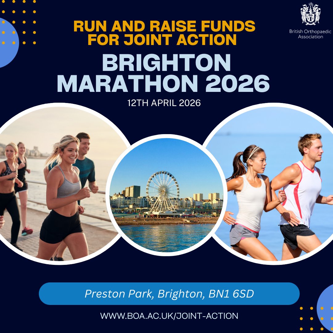 BritOrthopaedic's tweet image. Take on the Brighton Marathon 2026 and help fund life-changing research into musculoskeletal conditions.
Support @JointActionUK, the appeal of the British Orthopaedic Association.
12th April 2026 | 📍 Brighton
🔗 Register: Run For Charity bit.ly/44ZVQjL