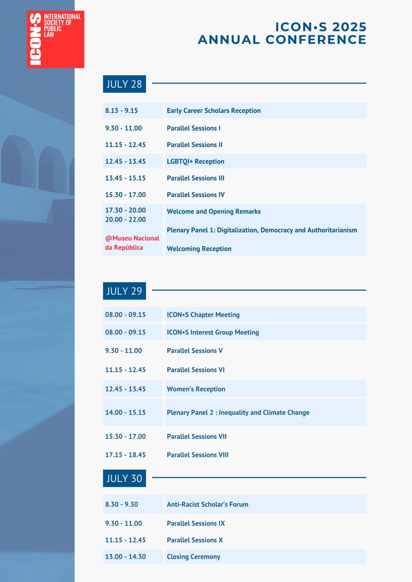 ICON__S's tweet image. 🗓️ Just 10 days to go! Here's a glimpse of what's in store at the 2025 ICON•S Annual Conference in Brasília, Brazil 🇧🇷
Explore all plenary sessions, panels & events happening July 28–30:
🔗 app.oxfordabstracts.com/dashboard/even…
#iconsbrasília