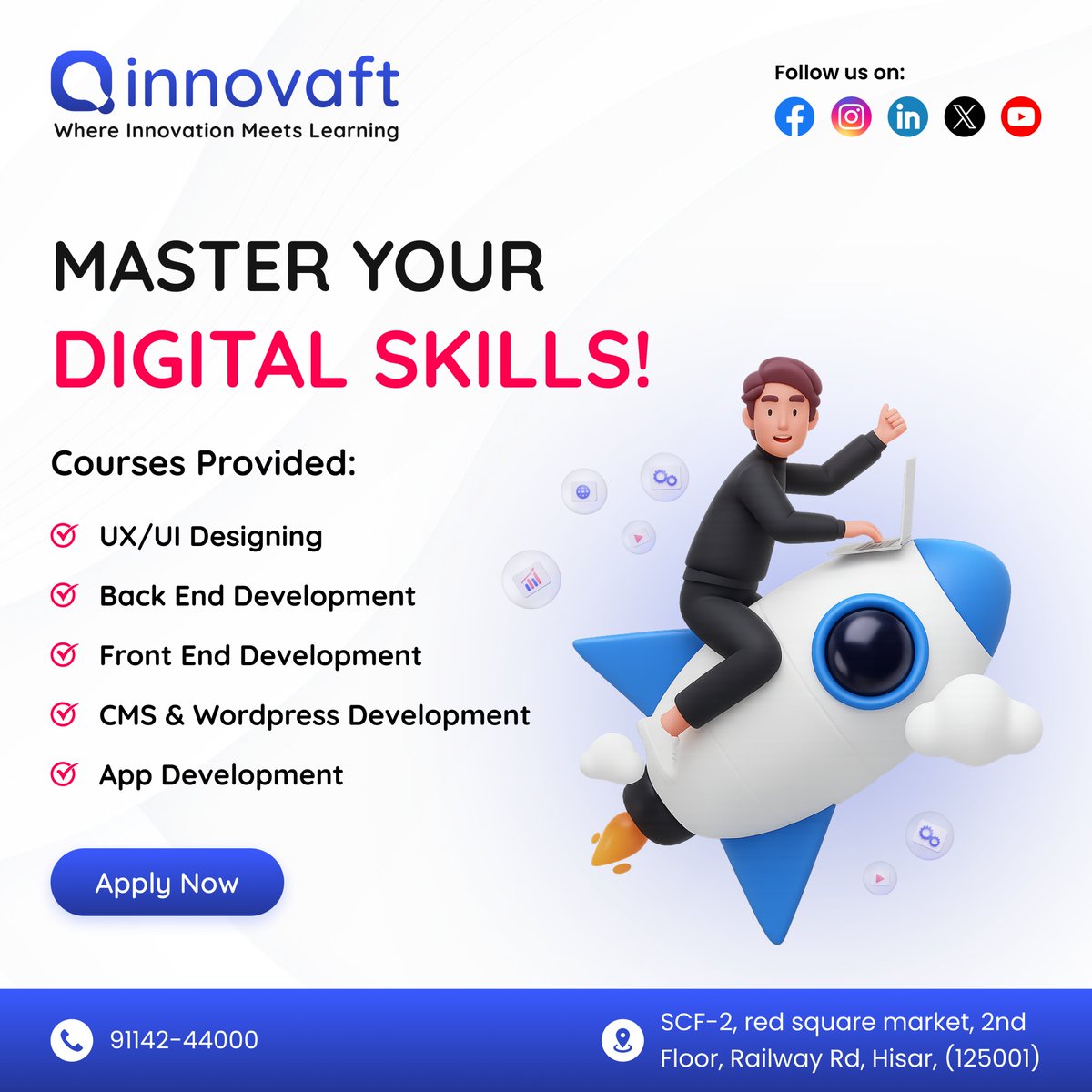 InnovaftCo's tweet image. 🚀 Boost your tech career with Innovaft!
Master UX/UI, Front-End, CMS & more.
#innovaft #techskills #bestcodinginstituteinhisar #learncoding #webdevelopment