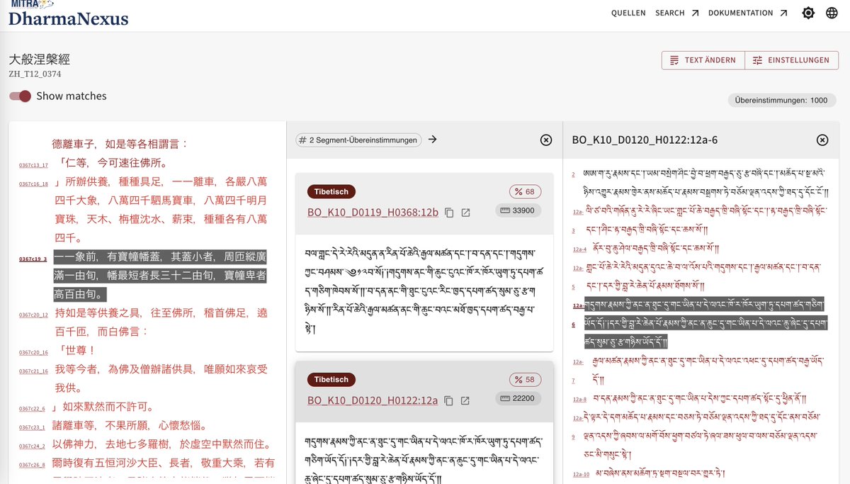 dharmamitra_ucb's tweet image. Being abe to seemlessly switch on sentence level between a Sūtra in Chinese and its Sanskrit or Tibetan version will become a reality with DharmaNexus. This is not just available for selected texts, but on corpus level, fully automatized, across all files and all languages!