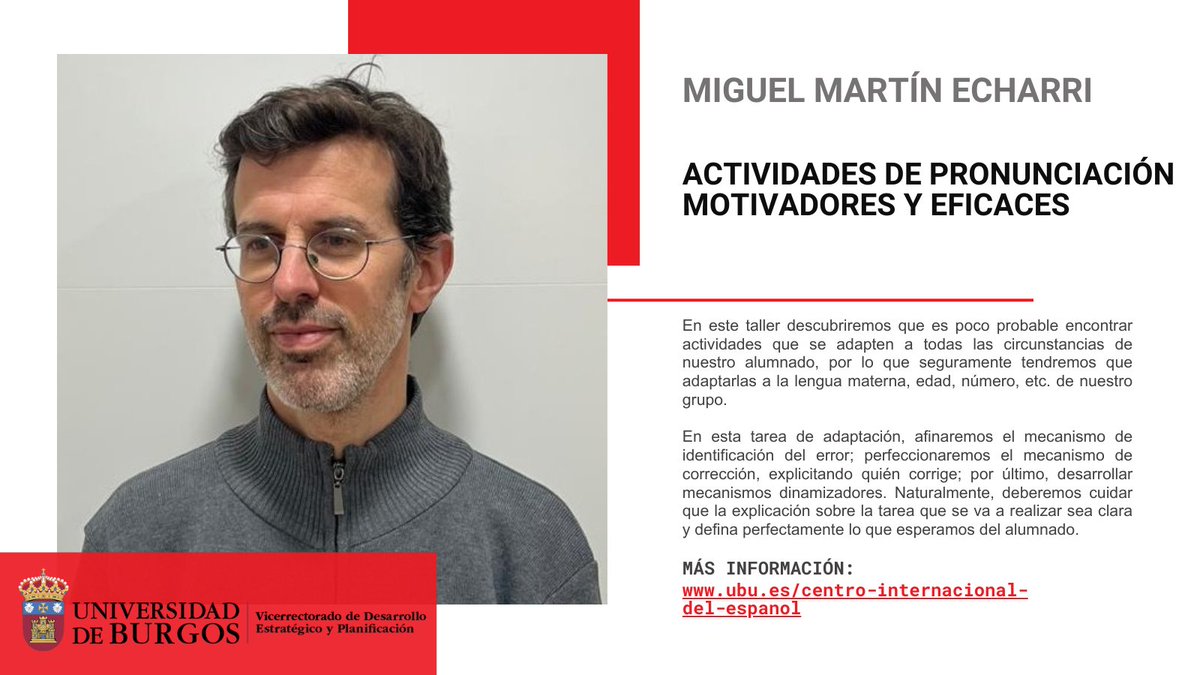 Centro Internacional del Español | UBU (@incourses_ubu) on Twitter photo Ayer cerramos la jornada con Miguel Martín Echarri, que nos presenta herramientas de pronunciación eficaces y motivadoras 🗣️🎧 Una sesión práctica para afinar el oído, soltar la lengua… ¡y disfrutar en el proceso! #ELE <a href="/UBUEstudiantes/">Universidad Burgos</a> Ayer cerramos la jornada con Miguel Martín Echarri, que nos presenta herramientas de pronunciación eficaces y motivadoras 🗣️🎧 Una sesión práctica para afinar el oído, soltar la lengua… ¡y disfrutar en el proceso! #ELE <a href="/UBUEstudiantes/">Universidad Burgos</a>