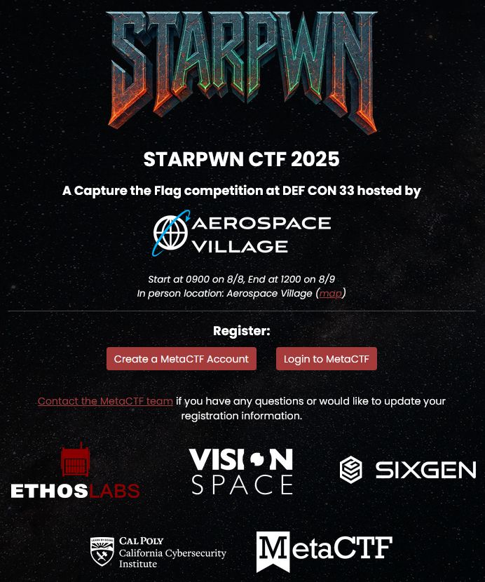 0x4ndy's tweet image. During DC32 I was disappointed to learn that Hack-A-Sat had been discontinued, and there were no space-themed CTFs.We couldn’t let @defcon 33 go by without bringing the excitement of space hacking back—and now, we’re making it happen!
andy.codes/blog/personal/… 
#CTF #defcon33 #dc33
