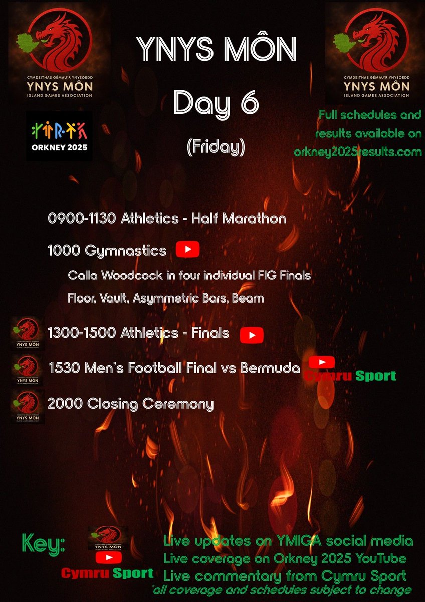 DAY 6 - The final day!

Here is your schedule for today’s Ynys Môn action. With lots of medal opportunities, make sure you’re all over the action on YouTube. 

youtube.com/@orkney2025?si…