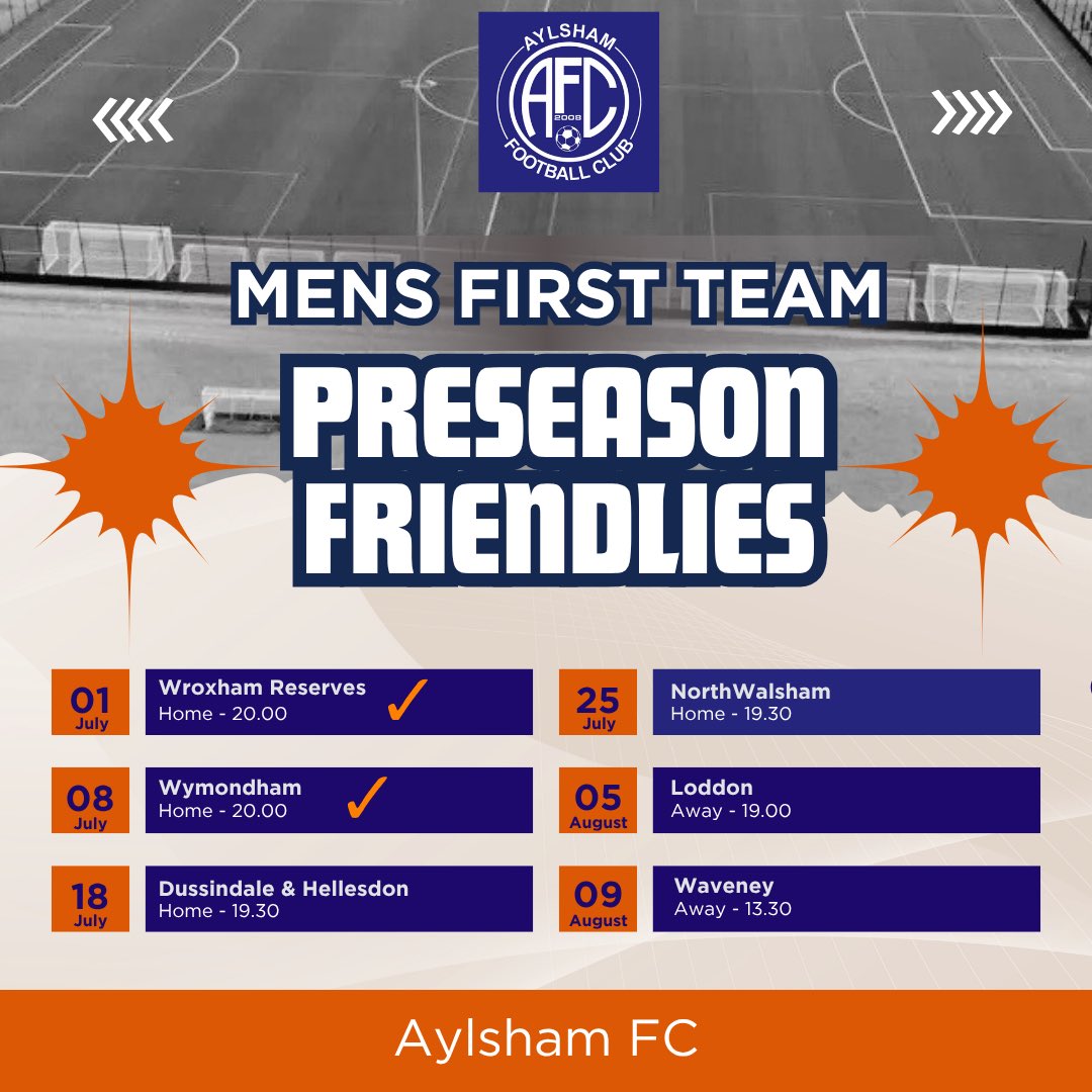 aylsham_fc's tweet image. 👀Join us tonight for the next Men’s First team Pre Season friendly
🆚 Dussindale & Hellesdon
📍Youngs Park
⏰19.30