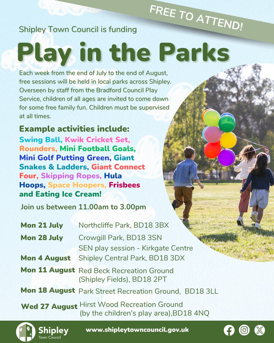 ShipleyTC's tweet image. The FREE Play in the Parks sessions funded by Shipley Town Council start on Monday, starting at Northcliffe Park. Every Monday (apart from Bank Holiday Monday when it moves to the Wednesday), one of the local parks in the area will have additional entertainment for the young ones