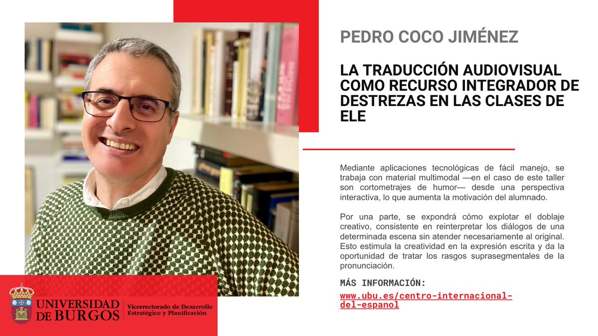 Centro Internacional del Español | UBU (@incourses_ubu) on Twitter photo Ayer fue turno para Pedro Coco, que nos sumerge en el poder de la traducción audiovisual como recurso en el aula de ELE 🎬🗣️ Una herramienta motivadora y actual para trabajar lengua y cultura desde las pantallas. #ELE #formacióndocente <a href="/UBUEstudiantes/">Universidad Burgos</a> Ayer fue turno para Pedro Coco, que nos sumerge en el poder de la traducción audiovisual como recurso en el aula de ELE 🎬🗣️ Una herramienta motivadora y actual para trabajar lengua y cultura desde las pantallas. #ELE #formacióndocente <a href="/UBUEstudiantes/">Universidad Burgos</a>