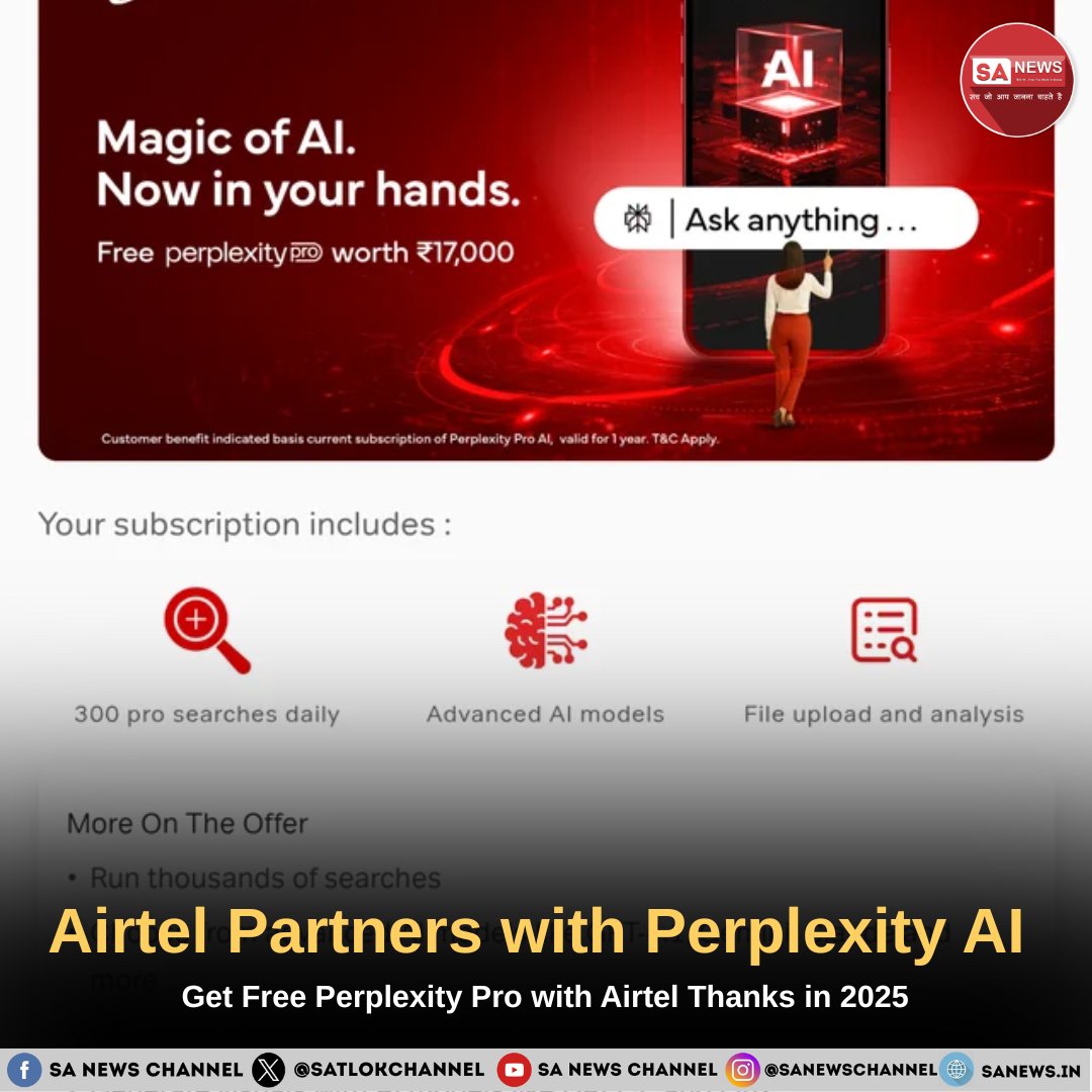 SatlokChannel's tweet image. Did you know Airtel Thanks users now get Perplexity Pro absolutely FREE for 6 months? Explore the next-gen AI search tool powered by GPT-4 and Claude 3.5 that gives real-time answers, no more browsing dozens of links. This is a digital revolution you can’t miss.

Read Now:…