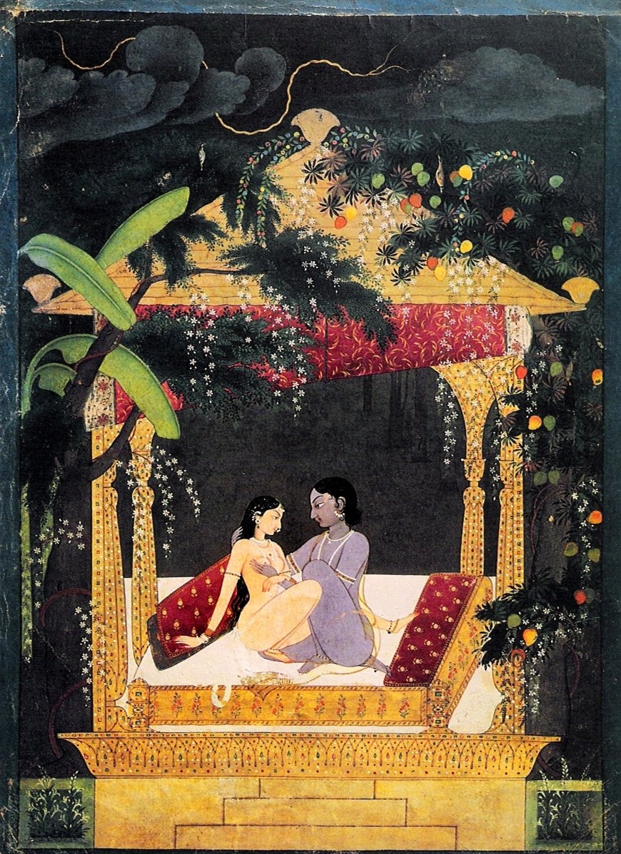 EviMaheshvari's tweet image. #Ragamalaporlamañana hot❤️🔥
💗Krishna y Radha en un pabellón
📍Punjab👨🏿Guler
📆1760
Esta obra ofrece una «visión profundamente extática de la pasión erótica y la unión espiritual. Iluminada por un relámpago», la pareja hace el amor entre mangos maduros y flores en enredadera🥭