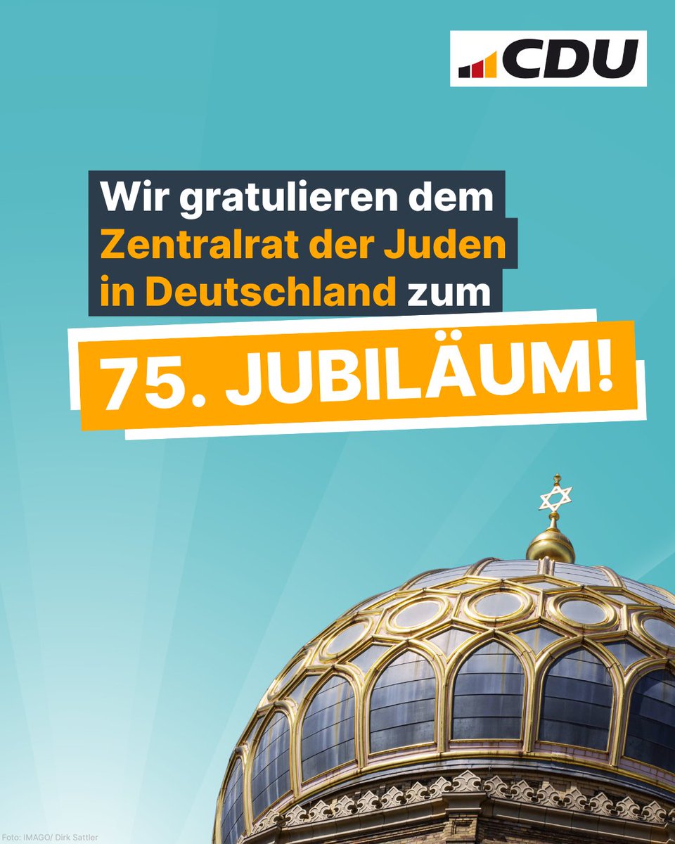 CDU's tweet image. Wir gratulieren dem #Zentralrat der Juden in Deutschland zum 75. Jahrestag! Nur fünf Jahre nach den Grauen der Schoa in Frankfurt am Main gegründet, ist er heute integraler Bestandteil der deutschen Gesellschaft. Als Dachverband der jüdischen Gemeinden in unserem Land ist der…