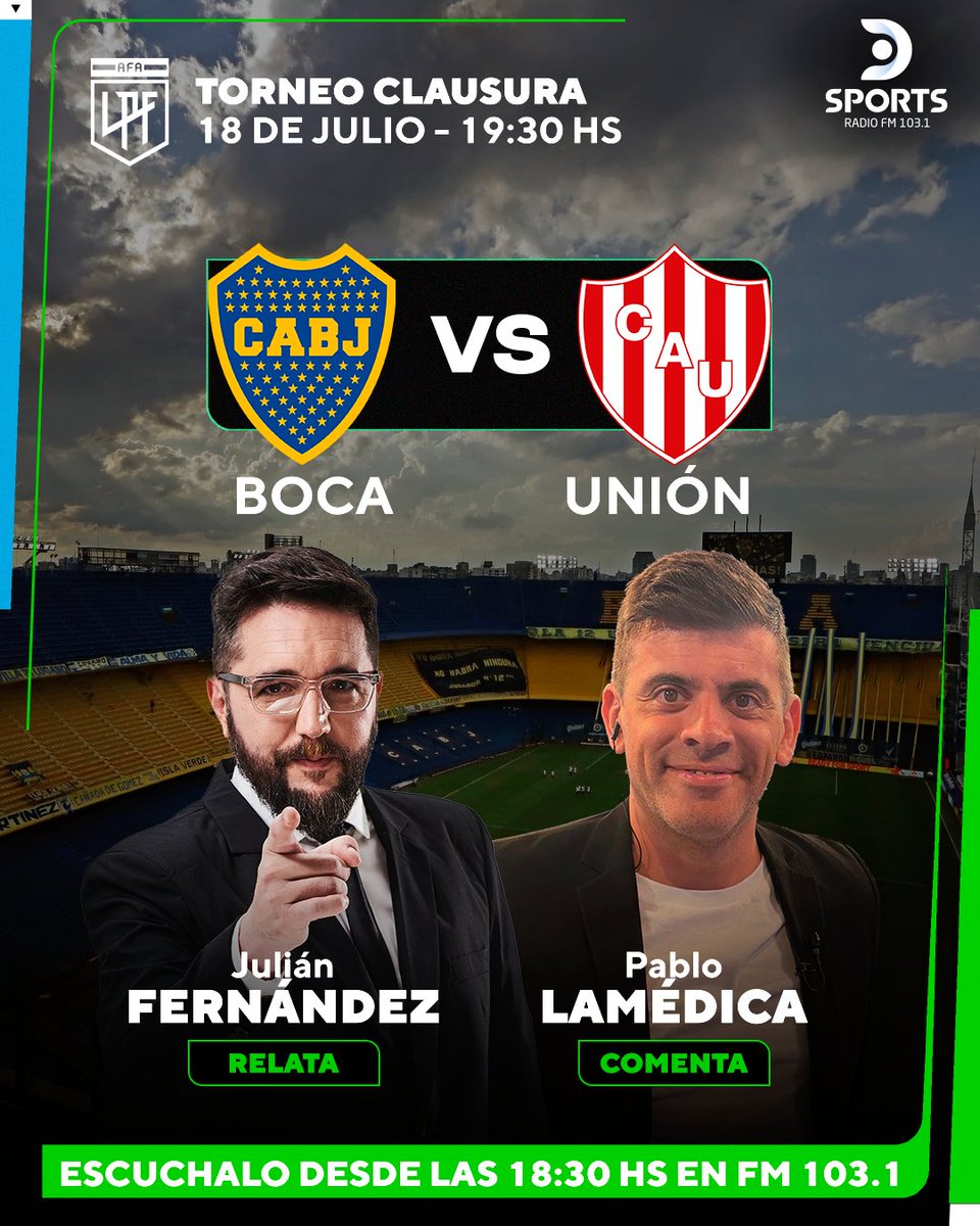 DSports Radio 103.1 FM (@dsportsradio) on Twitter photo 🔥COMIENZA LA SEGUNDA FECHA DEL TORNEO CLAUSURA
Boca y Unión se enfrentarán en la Bombonera, y lo vivís en DSPORTS Radio FM 103.1, #ElSonidoDelDeporte.
📻 Desde las 18:30 prendete con los relatos de <a href="/yojulifernandez/">Julián Fernández</a> y los comentarios de <a href="/pablolamedica/">Pablo Lamédica</a> 🔝 🔥COMIENZA LA SEGUNDA FECHA DEL TORNEO CLAUSURA
Boca y Unión se enfrentarán en la Bombonera, y lo vivís en DSPORTS Radio FM 103.1, #ElSonidoDelDeporte.
📻 Desde las 18:30 prendete con los relatos de <a href="/yojulifernandez/">Julián Fernández</a> y los comentarios de <a href="/pablolamedica/">Pablo Lamédica</a> 🔝