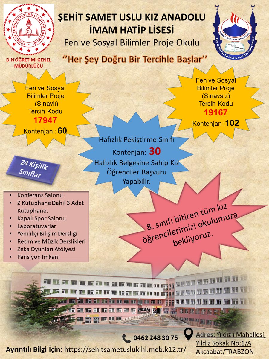 8. Sınıfı bitiren tüm öğrencilerimizi okulumuza bekliyoruz.
<a href="/Trabzon_MEM/">Trabzon İl Milli Eğitim Müdürlüğü</a> 
<a href="/ahmet/">A.Enes DABANLIOĞLU</a> bektaş
<a href="/hasan_uygun91/">hasan uygun</a> <a href="/AkcaabatIlceMEM/">Akçaabat İlçe Milli Eğitim Müdürlüğü</a> <a href="/AkcaMehmetUSTA/">Mehmet USTA</a> <a href="/BabulFatma/">Fatma Babul</a> @