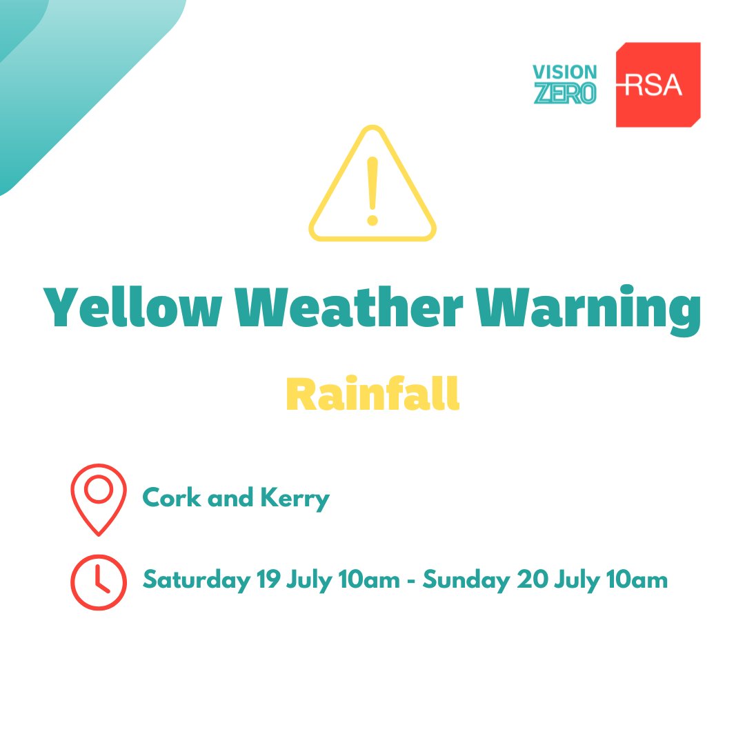 RSAIreland's tweet image. Met Éireann have issued a Yellow Rainfall Warning in Cork and Kerry, with isolated thunderstorms from tomorrow morning at 10am.
Road users are advised to be aware of potentially hazardous driving conditions.