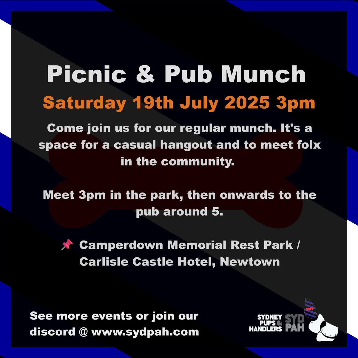 REMINDER: Munch TOMORROW! 

Saturday 19th July, 3pm!  

At our usual spot in the Camperdown Memorial Rest Park, Newtown, followed by the Carlisle Hotel around 5pm.  

Boop you there! 

sydpah.com for more info :-)