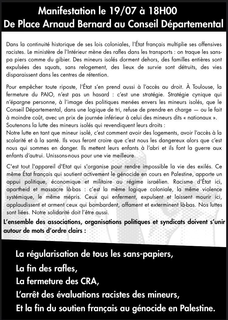CraAnti's tweet image. 💥 Manifestation samedi 19 juillet 18h
Place Arnaud Bernard -> Conseil départemental
Régularisation de toustes les sans papiers
Fermeture des CRA
Fin des rafles
Arrêt des évacuations racistes des mineurs.e.s
Fin du soutien français au génocide en Palestine 🇵🇸