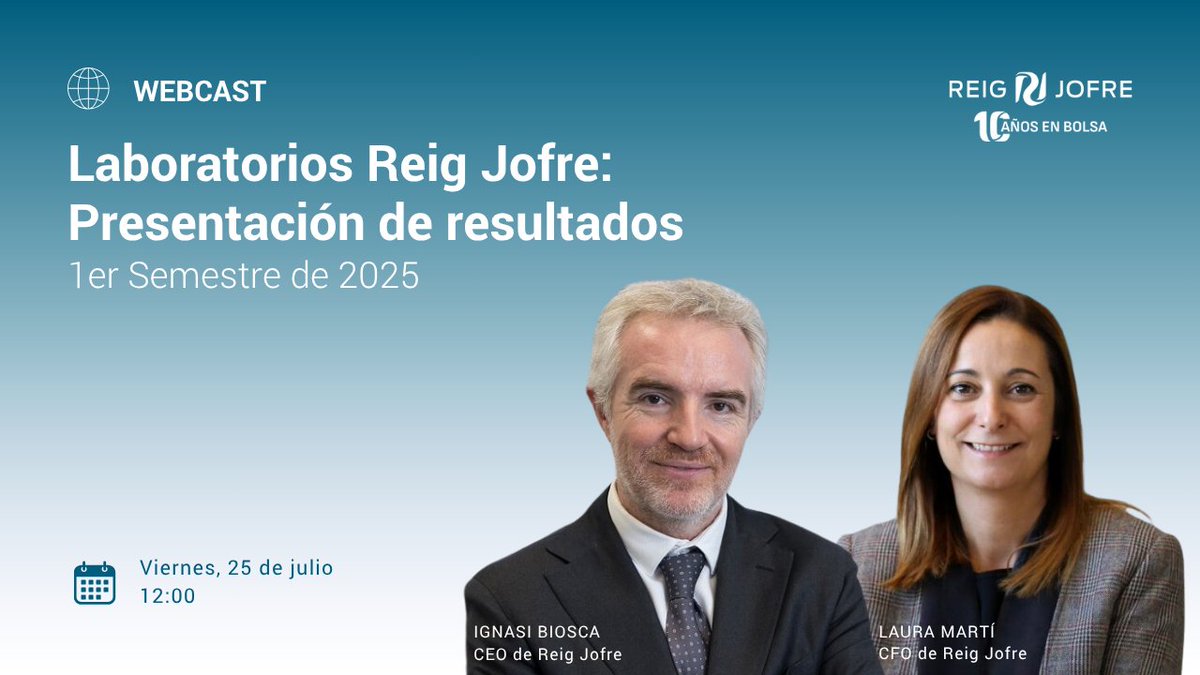 Reig Jofre (@reigjofre) on Twitter photo 🗓️ Resultados 1er semestre 2025 de <a href="/ReigJofre/">Reig Jofre</a> : viernes 25 de julio a las 12 h.
🎙️ Con Ignasi Biosca (CEO) y Laura Martí (CFO).
👉 Síguelo en directo en la web de Rankia: bit.ly/3GLvyIw.
#ReigJofre #ResultadosFinancieros #H12025 #CienciaQueImporta 🗓️ Resultados 1er semestre 2025 de <a href="/ReigJofre/">Reig Jofre</a> : viernes 25 de julio a las 12 h.
🎙️ Con Ignasi Biosca (CEO) y Laura Martí (CFO).
👉 Síguelo en directo en la web de Rankia: bit.ly/3GLvyIw.
#ReigJofre #ResultadosFinancieros #H12025 #CienciaQueImporta
