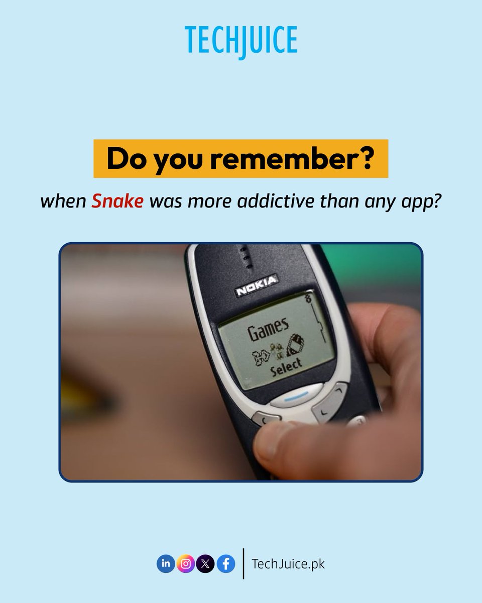 TechJuicePk's tweet image. Do you remember when Snake was more addictive than the For You Page?

Button waalay phones really had us in a chokehold.

#TBT #NokiaVibes #SnakeGame #OldSchoolCool #GenZvs90s #DigitalDetox