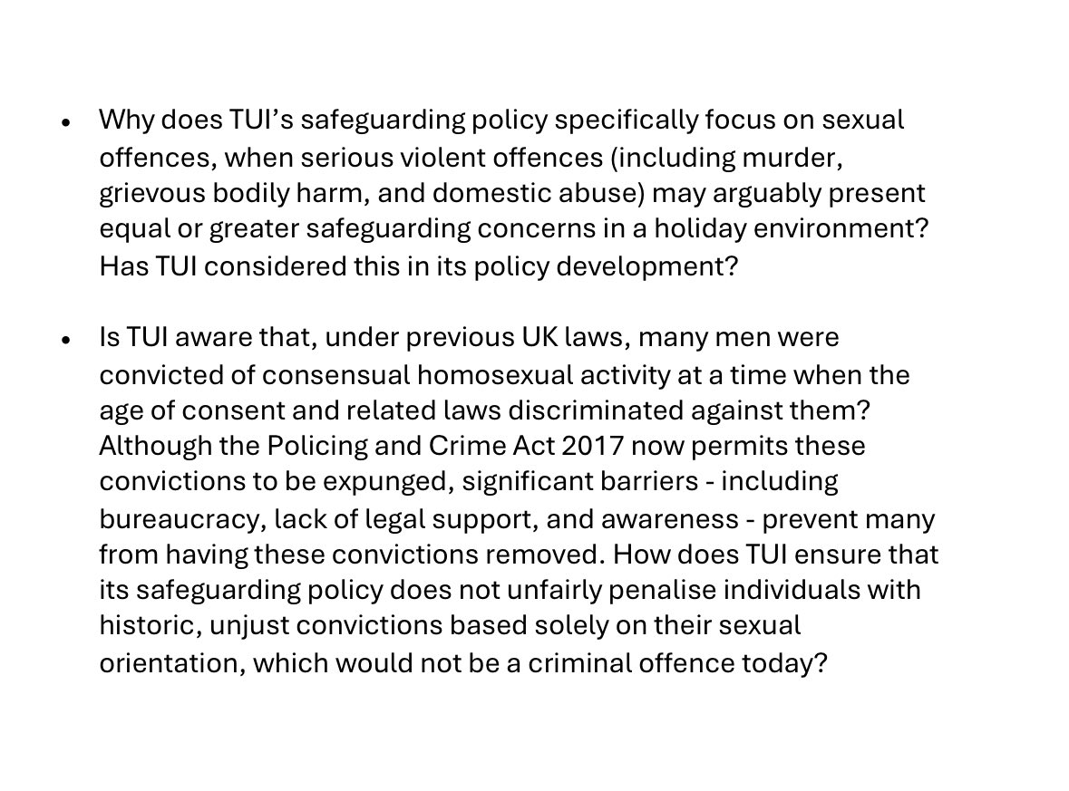 KHarveyProctor's tweet image. The questions @FACTukorg put to @TUIUK following its ‘safeguarding’ policy & informing me they will not allow me to use their services due to my 1987 conviction for gross indecency - a “crime” no longer on the statute books & which I, & others with similar convictions, can have…