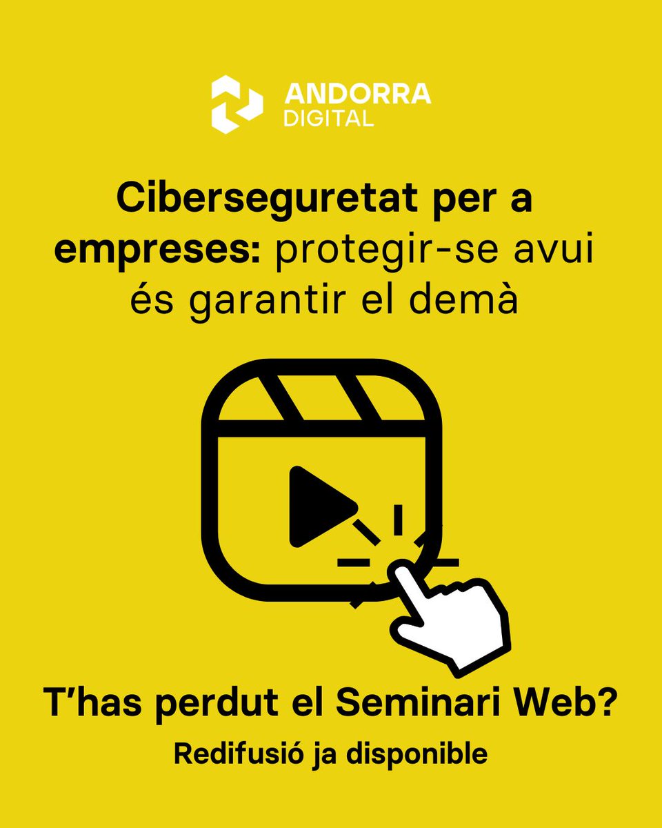 Andorra Digital (@andorra_digital) on Twitter photo 🙋 T'has perdut el Seminari Web sobre ciberseguretat per a empreses?
Disponible a la secció "Actualitat" del nostre lloc web aquí 👉n9.cl/zm570a, o directament al nostre canal de YouTube. Subscriu-t'hi! ➡️ youtube.com/watch?v=W-RXLu…
<a href="/GovernAndorra/">Govern d'Andorra</a> <a href="/MarcRossellSole/">Marc Rossell Soler</a> 🙋 T'has perdut el Seminari Web sobre ciberseguretat per a empreses?
Disponible a la secció "Actualitat" del nostre lloc web aquí 👉n9.cl/zm570a, o directament al nostre canal de YouTube. Subscriu-t'hi! ➡️ youtube.com/watch?v=W-RXLu…
<a href="/GovernAndorra/">Govern d'Andorra</a> <a href="/MarcRossellSole/">Marc Rossell Soler</a>