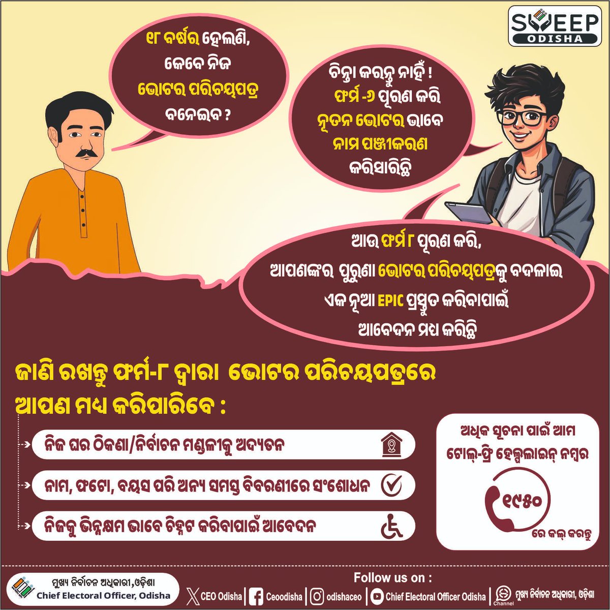 ଭୋଟର ଭାବେ ଆପଣଙ୍କ ପରିଚୟପତ୍ରକୁ ବଜାୟ ରଖିବାପାଇଁ ଏବଂ ବିଭିନ୍ନ ଅନ୍ୟ ଫର୍ମ ବିଷୟରେ ଜାଣିବା ପାଇଁ, ଟୋଲ୍ ଫ୍ରି ନମ୍ୱର 1950 ରେ କଲ୍ କରନ୍ତୁ ।
ସମସ୍ତ ଫର୍ମ ଅନˎ-ଲାଇନˎରେ ପାଇବା ପାଇଁ ଆମ ୱେବସାଇଟ୍ voters.eci.gov.in ପରିଦର୍ଶନ କରନ୍ତୁ।

#ECI #CEOOdisha #1950 #Voterhelpline #Form6 #Form8