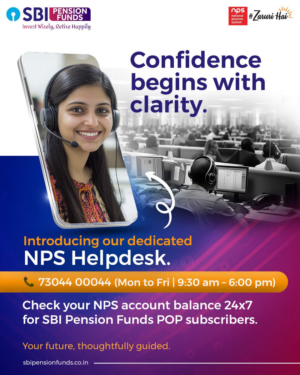 SBI Pension Funds (@sbipensionfunds) on Twitter photo Have NPS-related questions?Experts are just a call or email away!
β
Get assistance at your fingertips
ππ³π―π¬π°π° π¬π¬π¬π°π°
π πΌπ» - ππΏπΆ π¬π΅:π―π¬ ππ ππΌ π¬π²:π¬π¬ π£π
π©π»π½π@ππ―πΆπ½π²π»ππΆπΌπ»π³ππ»π±π.π°πΌ.πΆπ»
#NPSHelpdesk #NPSZaruriHai #NPS
<a href="/PFRDAOfficial/">PFRDA</a> Have NPS-related questions?Experts are just a call or email away!
β
Get assistance at your fingertips
ππ³π―π¬π°π° π¬π¬π¬π°π°
π πΌπ» - ππΏπΆ π¬π΅:π―π¬ ππ ππΌ π¬π²:π¬π¬ π£π
π©π»π½π@ππ―πΆπ½π²π»ππΆπΌπ»π³ππ»π±π.π°πΌ.πΆπ»
#NPSHelpdesk #NPSZaruriHai #NPS
<a href="/PFRDAOfficial/">PFRDA</a>