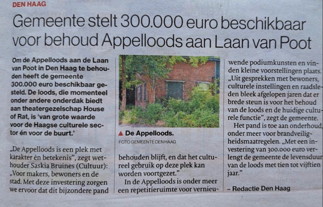 Coen Bom (@coenbom) on Twitter photo Namens <a href="/Hartv00rDenHaag/">Hart voor Den Haag ๐๐</a> heb ik de afgelopen jaren gevochten voor het behoud van de Appelloods aan de Laan van Poot. Supergoed nieuws dat het gelukt is! De loods is een unieke plek. Ik hoop op vele mooie voorstellingen na de opknapbeurt! Dank aan de collega's die meevochten! Namens <a href="/Hartv00rDenHaag/">Hart voor Den Haag ๐๐</a> heb ik de afgelopen jaren gevochten voor het behoud van de Appelloods aan de Laan van Poot. Supergoed nieuws dat het gelukt is! De loods is een unieke plek. Ik hoop op vele mooie voorstellingen na de opknapbeurt! Dank aan de collega's die meevochten!