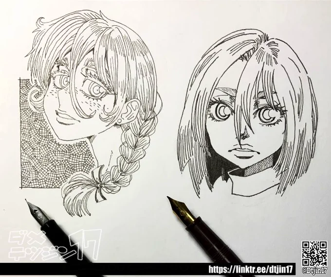 ハイエースネオ、すごく描きやすいけど さすがに線は単調か。ふでDE、表現力の幅あるけどコントロールにちょっと気をつかう感じ。安価な万年筆でこれだけの描き味なのは考えたらすごいね🖋️ #oc #おきらくがき 