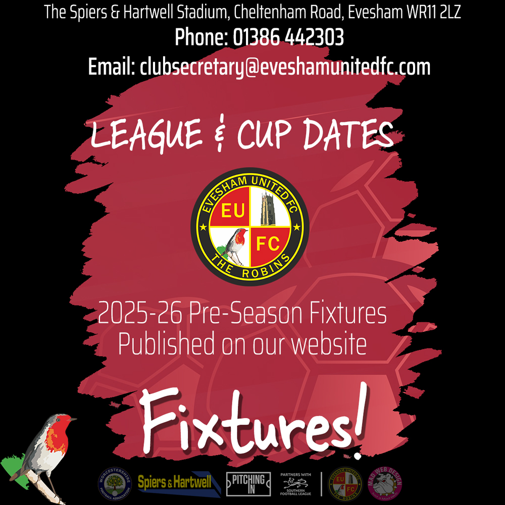 🗣️ Our 🏠 Home &amp; 🚌 𝘈𝘸𝘢𝘺 Fixtures are now published
⚽️ Subject to change
🏆 League Matches &amp; Cup Rounds
⏰ Some KO TBC
📅 See you soon

🌐 eveshamunitedfc.com/results-2025-2…

As always, thank you for your support 🔴⚪️#TheRobins