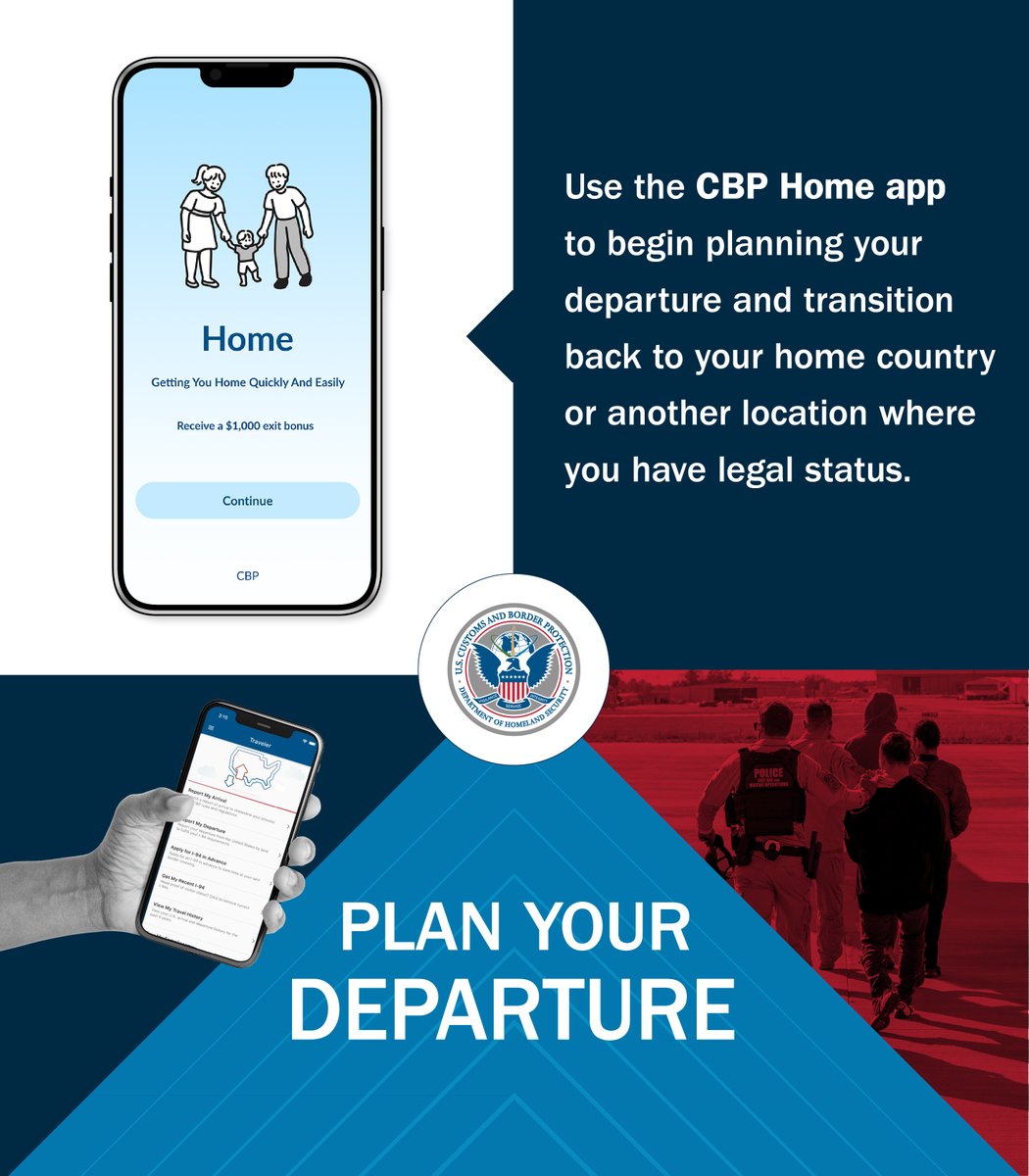 OFOEAC's tweet image. The CBP Home app is your chance to leave voluntarily if you’re in the country illegally.
Use it now—or you will be found and deported with zero chance of returning.
go.dhs.gov/wqh
