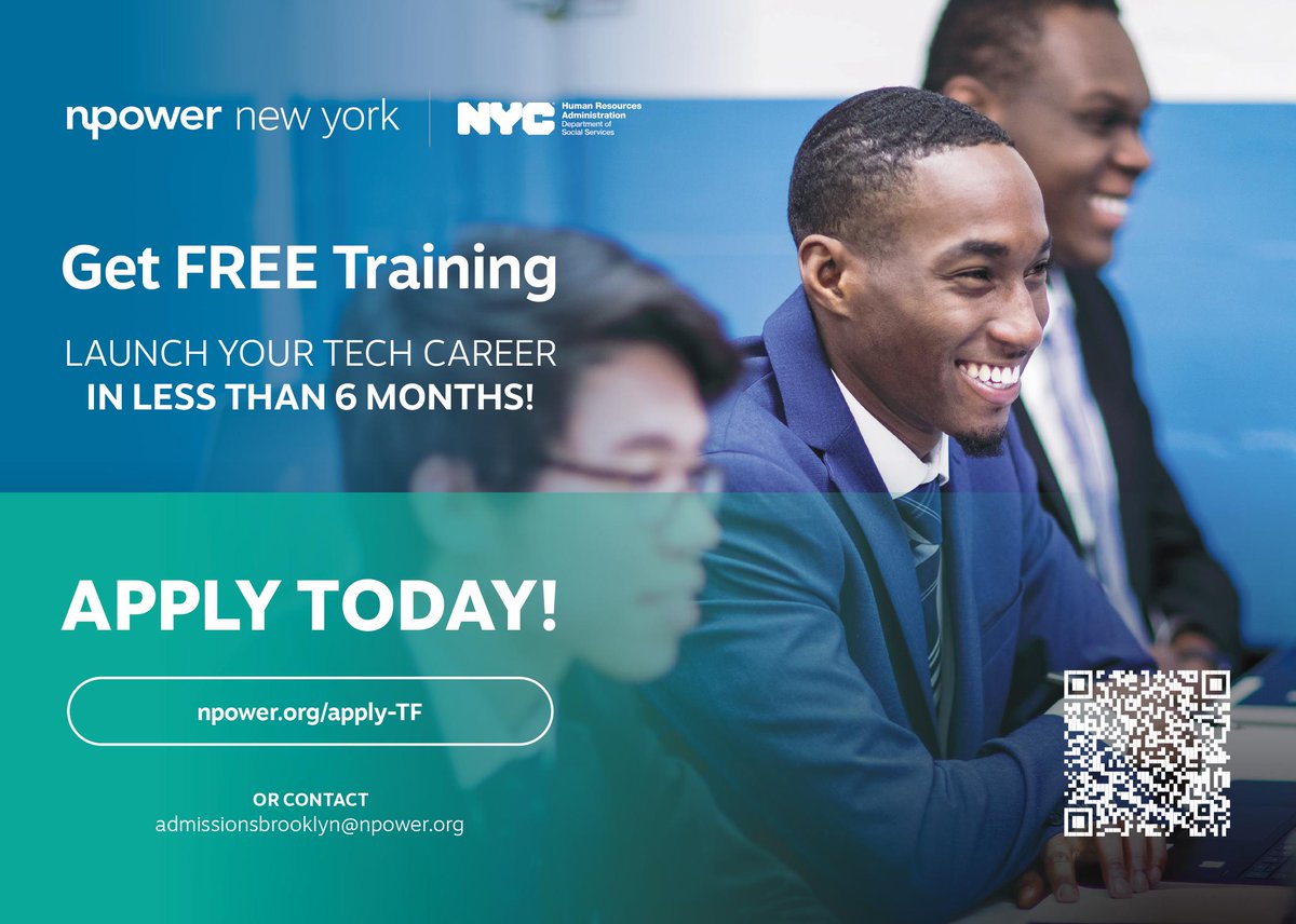 NYCHRA's tweet image. If you are aged 18-26 and receive SNAP or CA benefits, you may be eligible for a FREE Tech Training Program with @NPower. Applicants should apply at npower.org/apply-TF or contact admissionsbrooklyn@npower.org for more information.