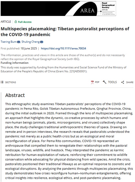 RGS_IBGhe's tweet image. 🔊New paper published in Area by Tsering Bum and Shuling Cheng (Southwestern University of Finance and Economics) 🔊
'Multispecies placemaking: Tibetan pastoralist perceptions of the COVID-19 pandemic'
doi.org/10.1111/area.7…