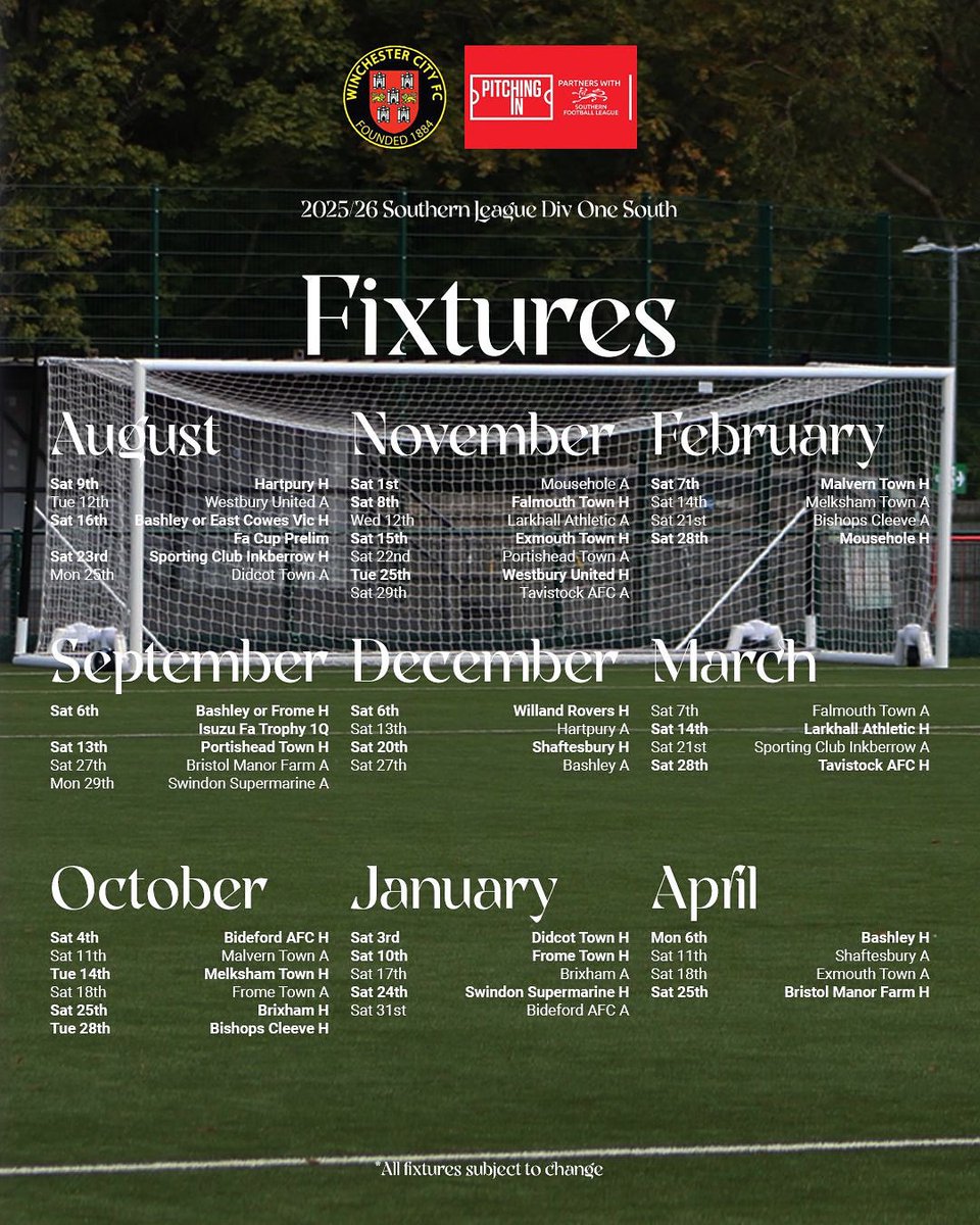 wincityfc's tweet image. 🗓️ Your 2025/26 Southern League Division One South fixtures!
🏡 Hartpury home on day one!
🛣️ Westbury United first away game!
🎄 Shaftesbury and Bashley for festive fixtures!
🔚 Bristol Manor Farm home on the final day!
Happy with that Citizens?🤔
#youcitizens