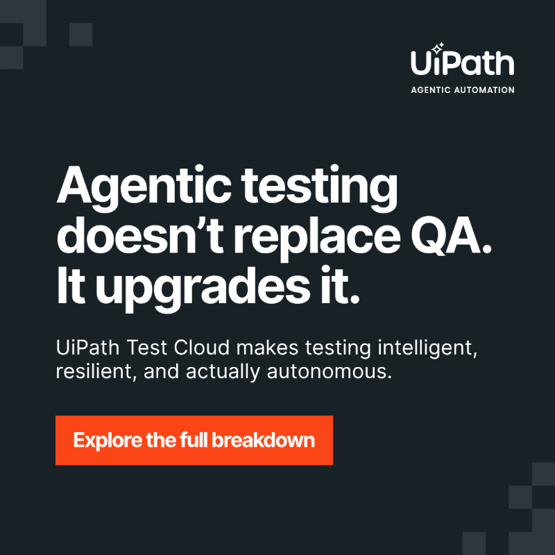 UiPath's tweet photo. Agentic testing is a new approach to software QA powered by autonomous #AIAgents—built to adapt in real time, reduce manual work, and scale across modern enterprise systems. Read the full breakdown: https://t.co/lB3kdUQtqZ