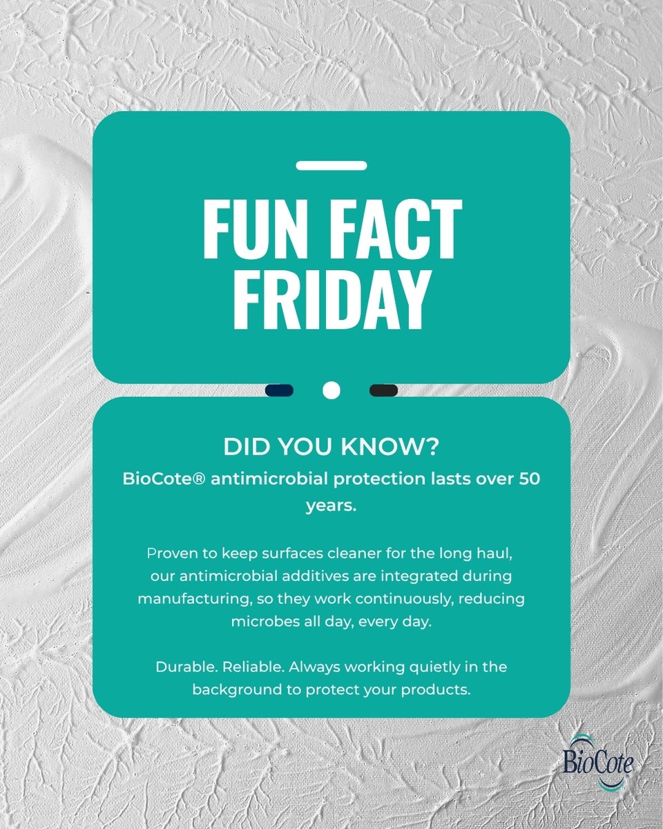 🧠 Fun Fact Friday

Did you know BioCote® antimicrobial protection in paints &amp; coatings lasts 50+ years?
Built in at manufacture, it works 24/7 to reduce microbes — never washing off or wearing away.

👉eu1.hubs.ly/H0lLL5D0
#FunFactFriday #BioCote