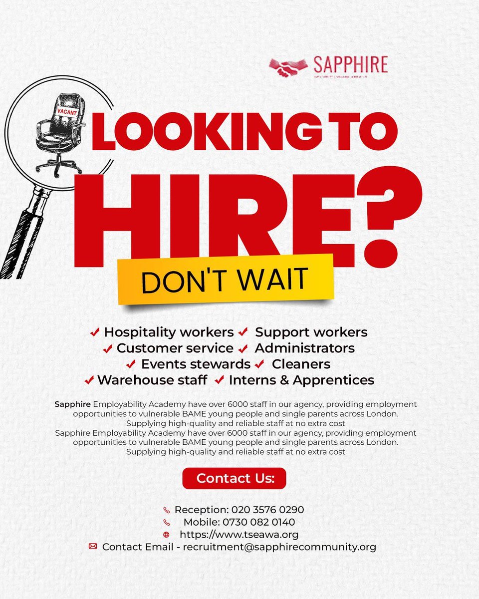 HIRING THIS SUMMER? NEED STAFFING SUPPORT?
Let The Sapphire Employability Academy support you — at no extra cost. 💼✨
We are a UK-based charity supporting young people and single parents from global majority communities into employment. This summer, we’re offering FREE STAFFING