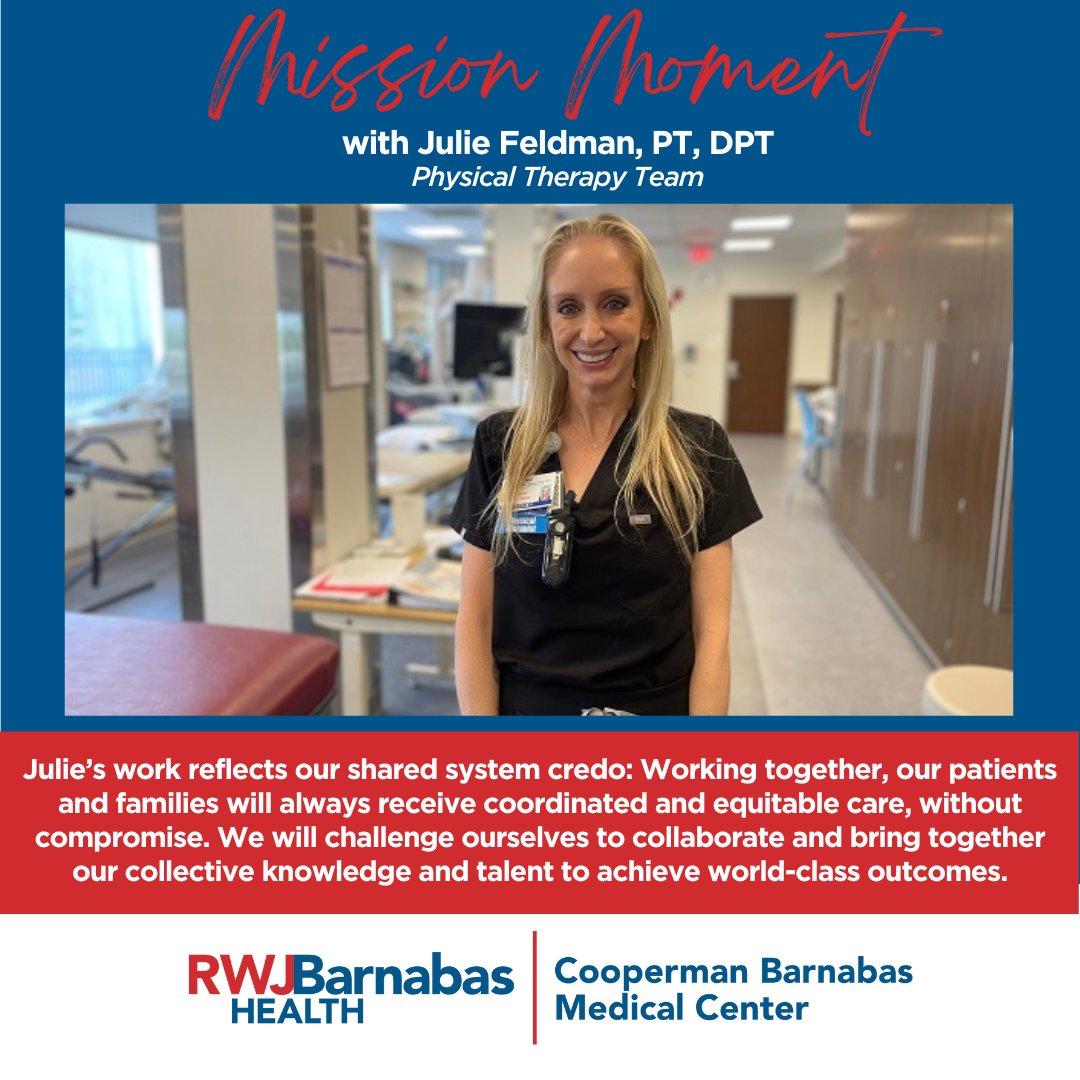 CBMCNJ's tweet image. In our latest Mission Moment, we want to highlight Julie Feldman, PT, DPT, from our Physical Therapy Team, for the compassion and excellence she showed a grateful patient.
#LetsBeHealthyTogether